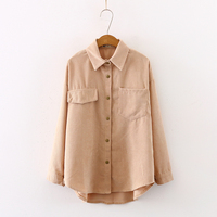Nowych kobiet jednolita, sztruksowa rękaw w kształcie skrzydła nietoperza bluzka Vintage skręcić w dół kołnierz luźny Top zapinana różowa koszula Feminina Blusa T9D609T 2